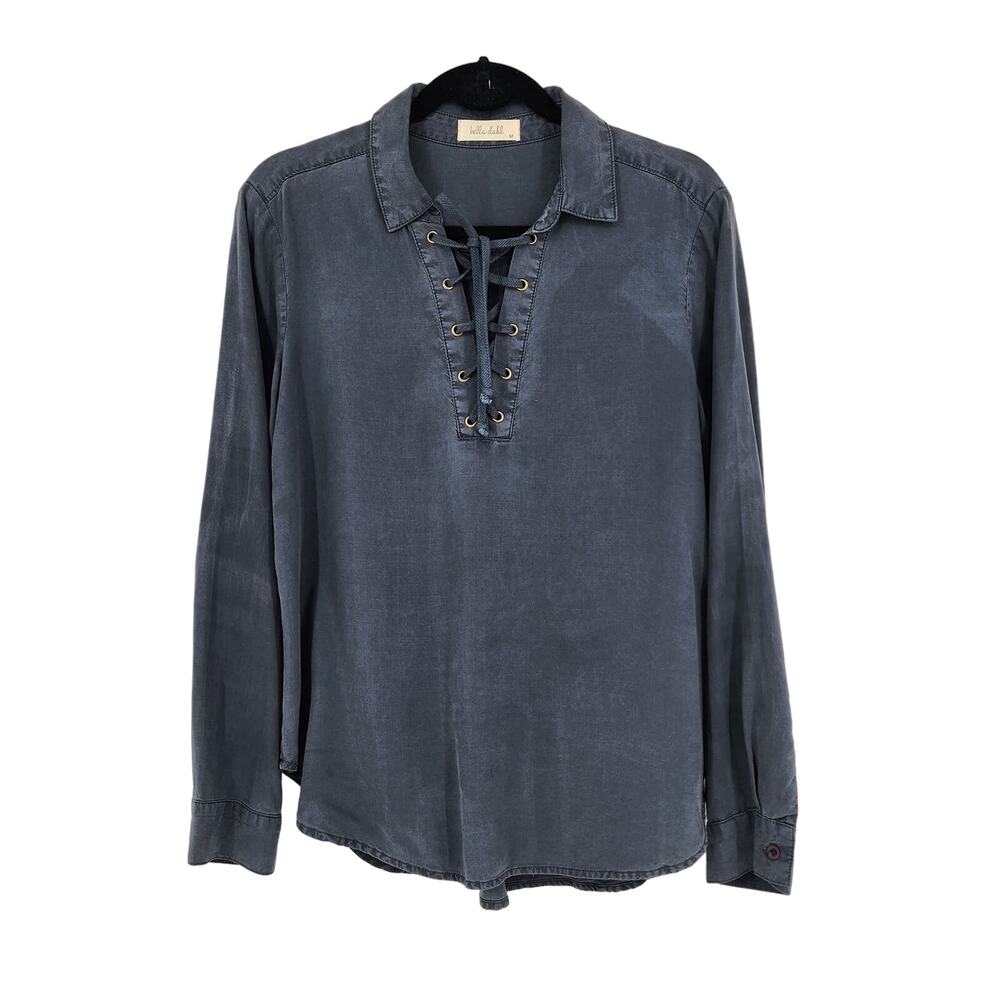 Bella Dahl Lace Up Long Sleeve Collared Chambray Tencel Top Size Medium